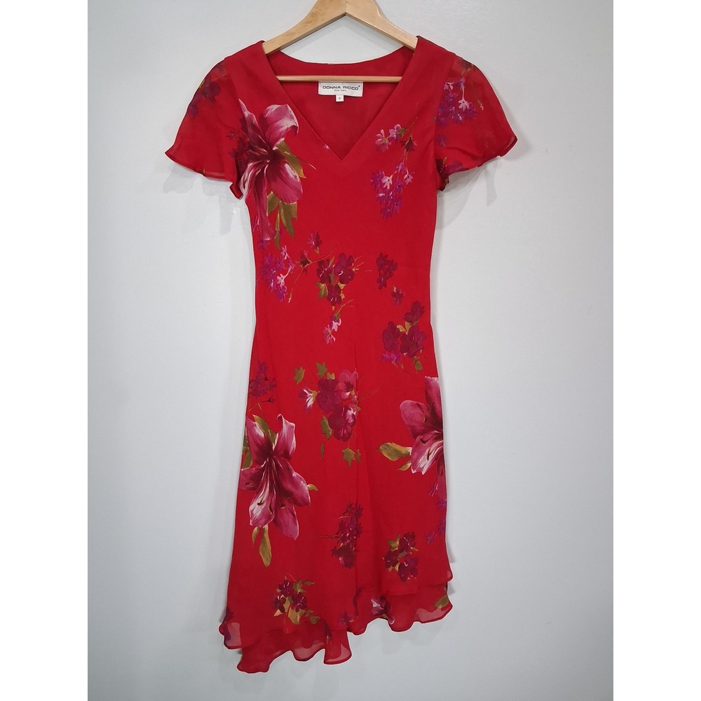 Donna Ricco Red Floral Chiffon Asymmetrical Handkerchief Hem Midi Dress Size 6